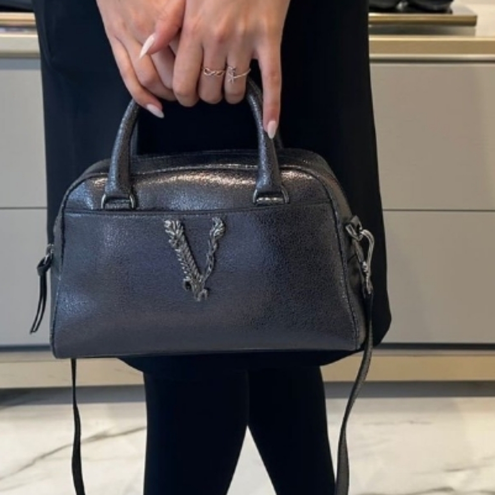 Versace Metallic Black Calf Leather 2-way Handbag with Crossbody Original Strap💜 - Picture 10 of 10